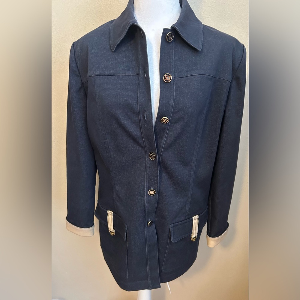 St. John Sport Blue Denim Utility Jacket with Stand-Up Collar